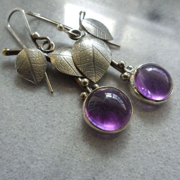 Boho Purple Beaded Faux Amethyst Leaf Dangle Earrings Silver Tone Nature - Picture 1 of 7